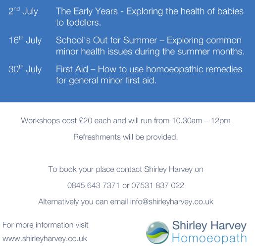  Shirley Harvey will be introducing us  to how we can use over the counter homoeopathic remedies to 
treat various minor ailments at home in Aldridge Health Centre